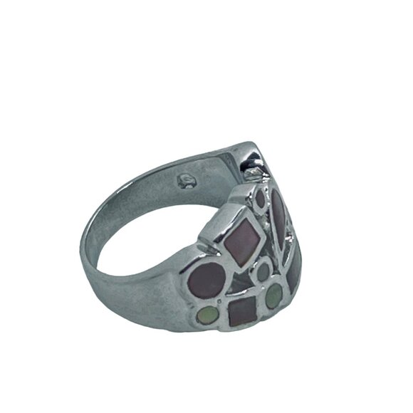 Silver Tone With Inlaid Abalone Shell Statement Ring Signed Thailand (R370) - Picture 6 of 7
